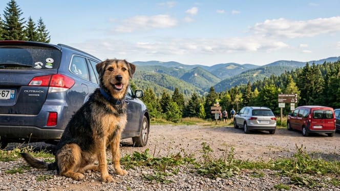 Ein treuer Hund wartet auf einem Parkplatz geduldig auf seinen Hundehalter.