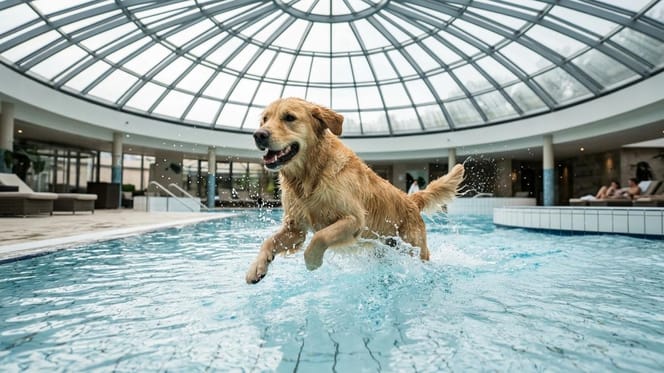 un chien qui joue dans une piscine