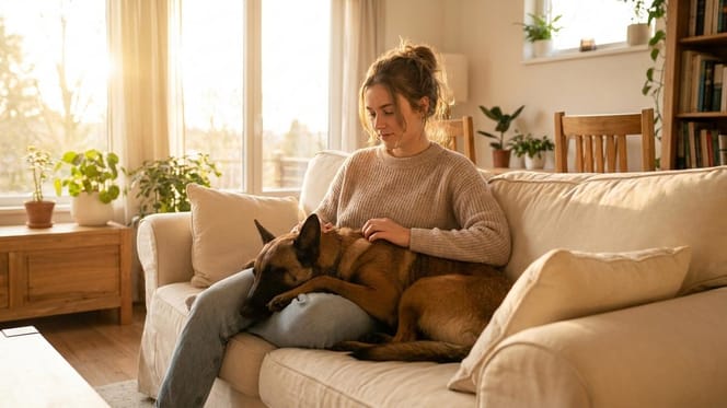 Een hond op de schoot van zijn baasje