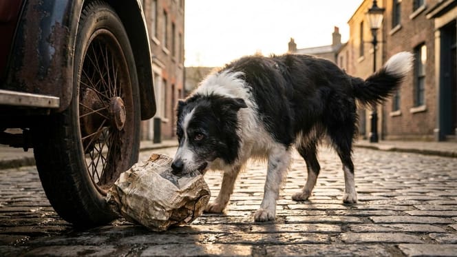 Een hond vindt een pakketje op straat