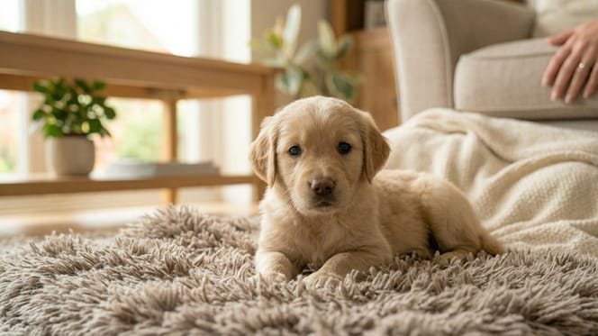 when does puppy socialisation begin: a puppy lying on a rug