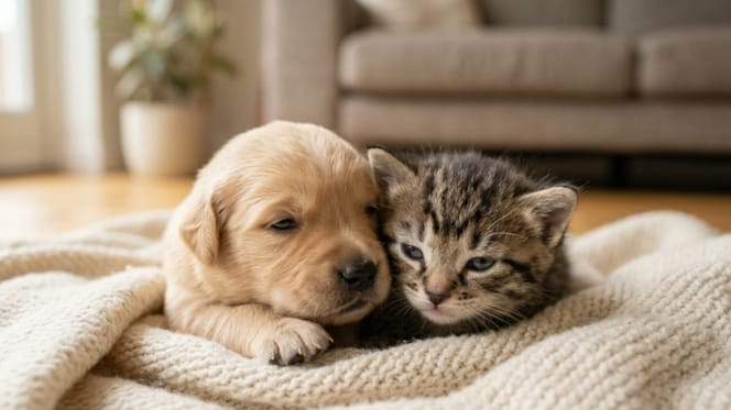 Un chiot et un chaton qui ouvrent leurs yeux