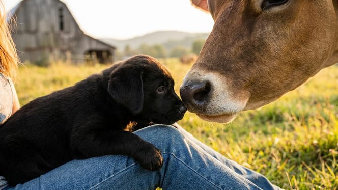 Un chiot rencontre des vaches