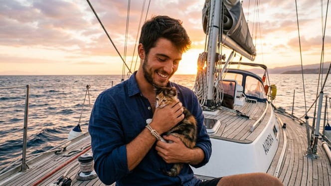 A man and his cat on a boat