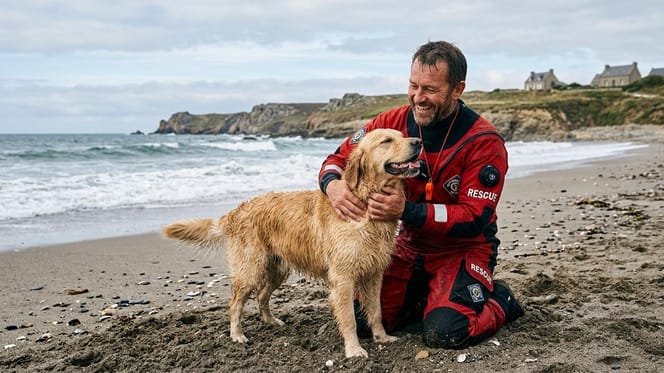 Un homme et son chien sur une plage