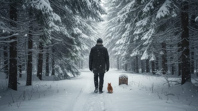 Un hombre camina por el bosque nevado