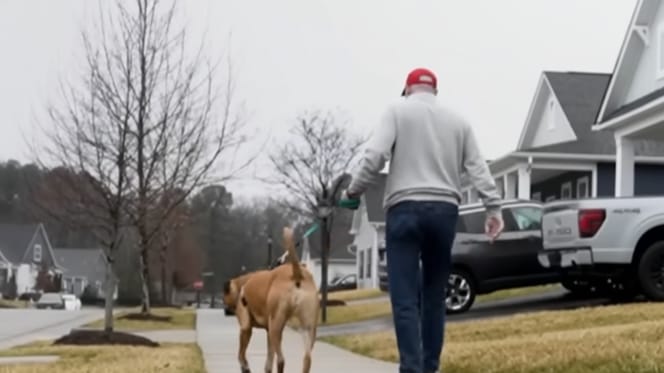 Een man die zijn hond uitlaat op straat