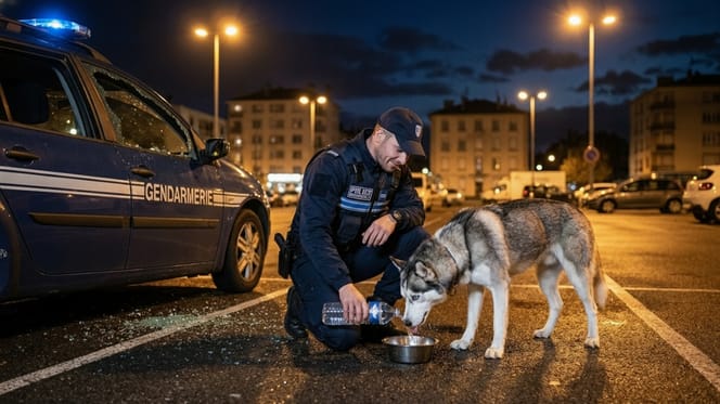 A French police officer in uniform gives water from a bowl to a Husky-type dog
