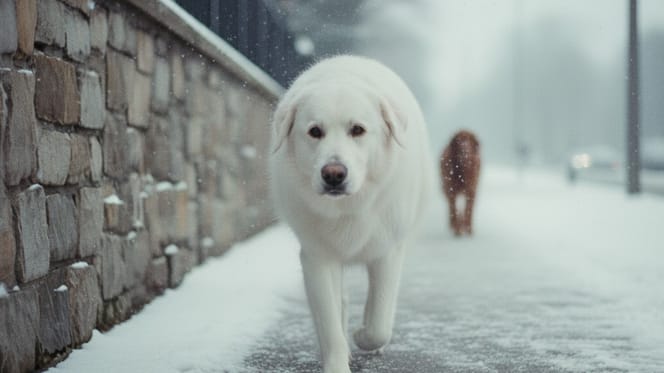 Une chienne qui erre dans la neige