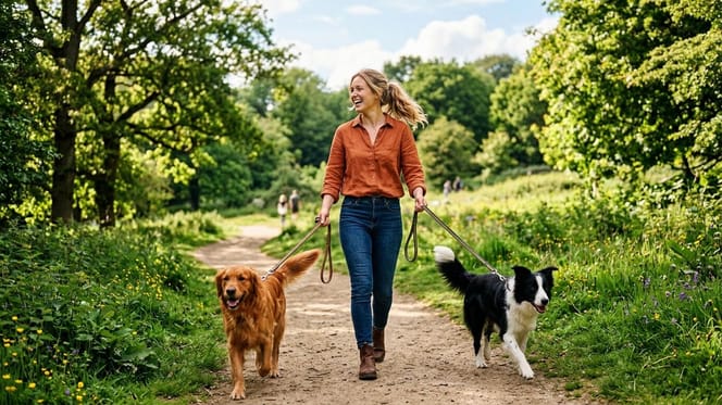une femme qui promène des chiens