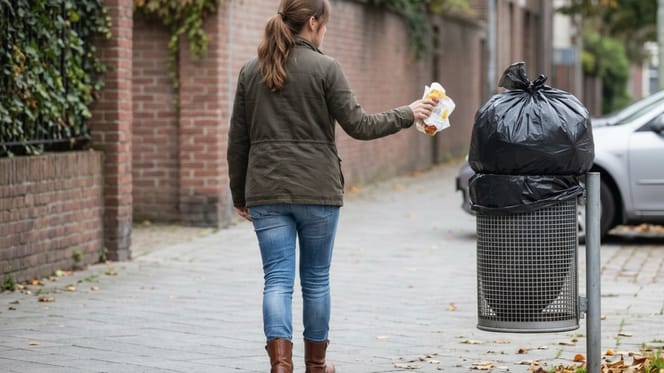 Una donna che si avvicina a un bidone della spazzatura in città