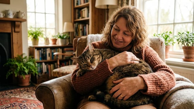 Eine Frau hält eine Katze liebevoll im Arm