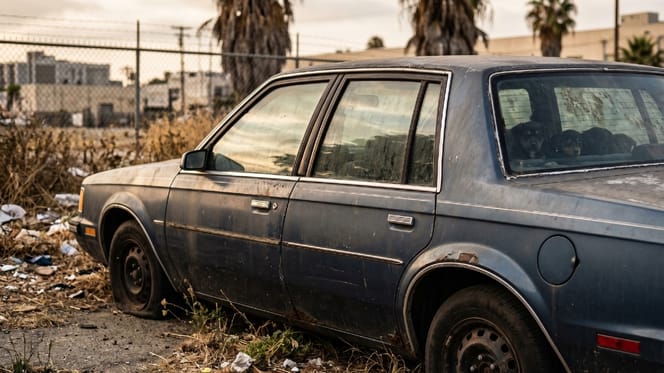Un coche abandonado en la naturaleza