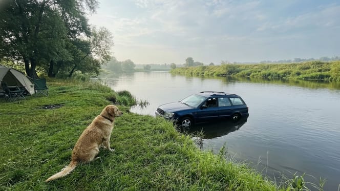 A car in the water with a dog in the foreground