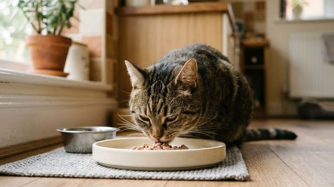 whisker fatigue: cat eating from bowl