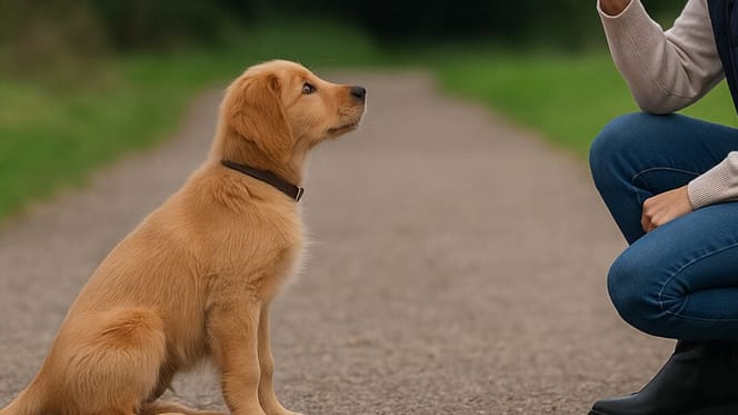 Woman training labrador puppy