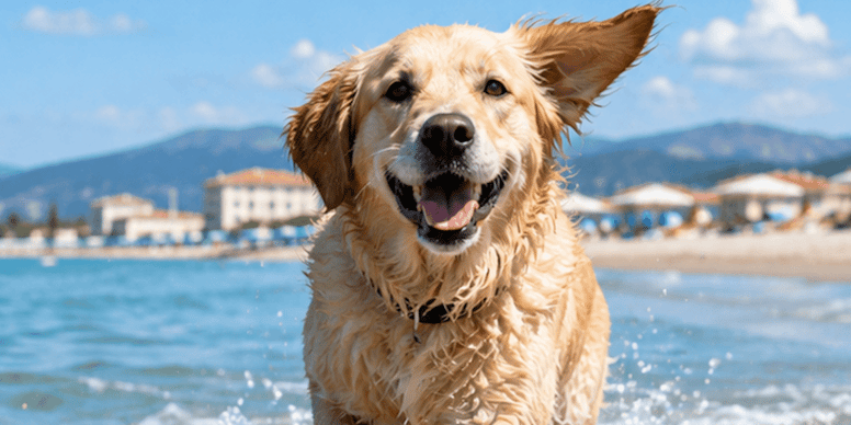 Cani in spiaggia a Viareggio, nuoto libero in mare, animali in acqua, turismo con animali