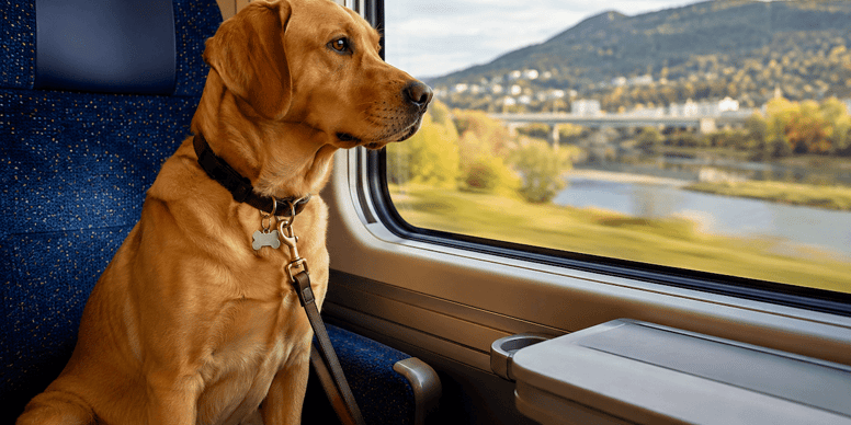 Un cane in un trasportino su un treno, con un guinzaglio e una museruola, in un ambiente tranquillo