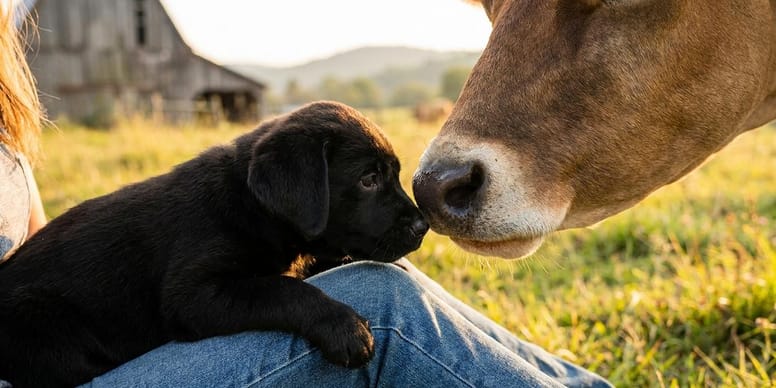 Three cows lean over a tiny puppy: their reaction is unexpectedly gentle