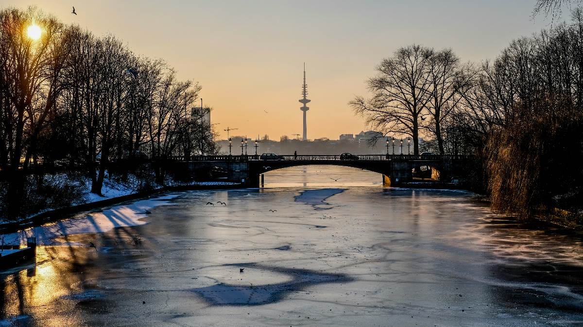 Frau und Hund brechen auf Alster ein