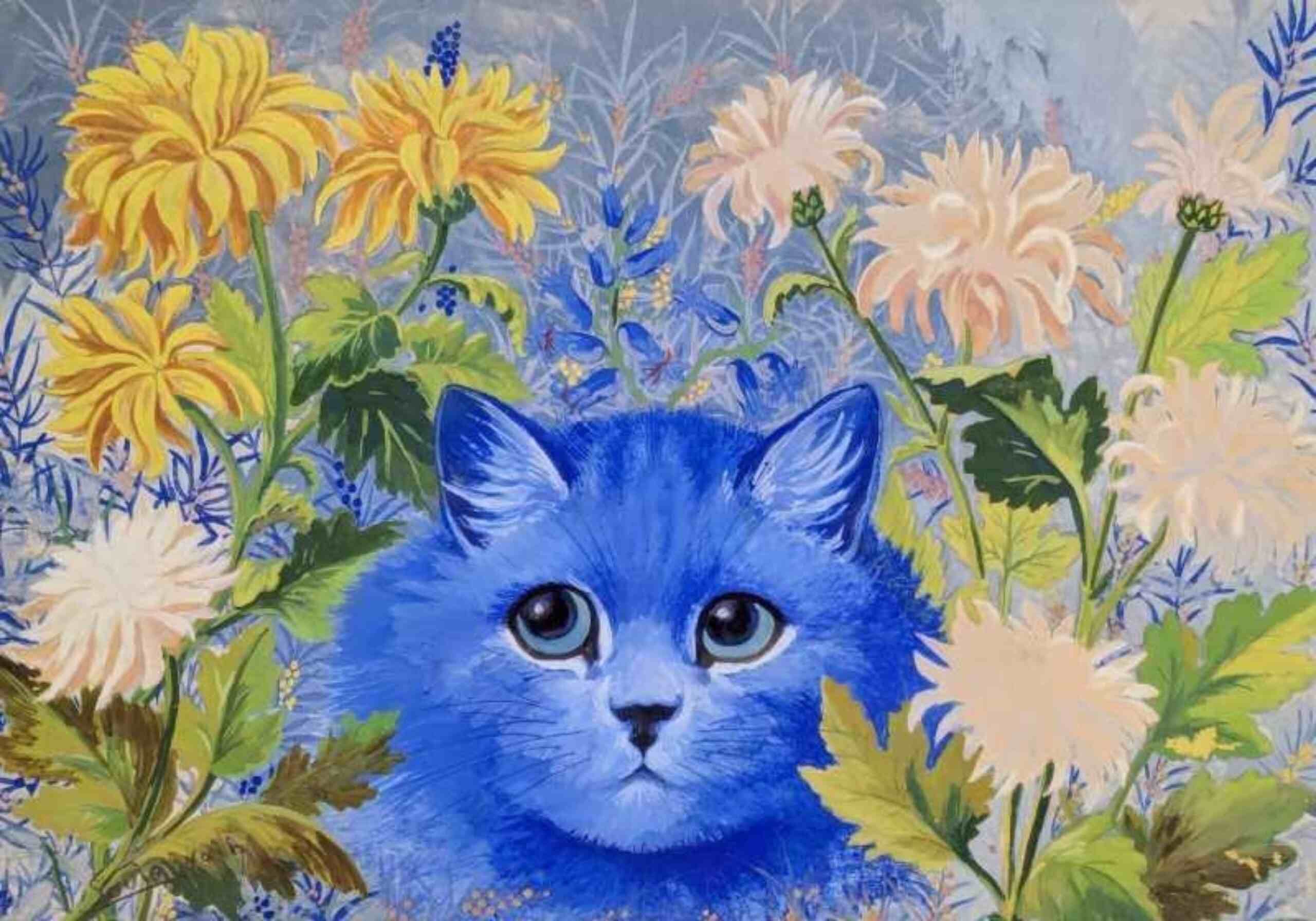 "Blaue Katze zwischen den Blumen" von Louis Wain